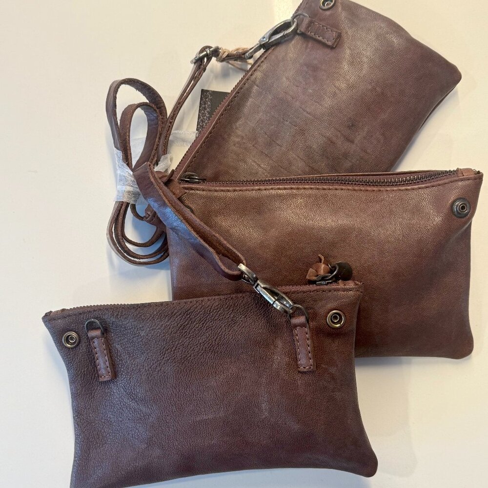 BOUTIQUE CENTRAL retro-style dark brown genuine leather 3-in-1 handbag/wristlet